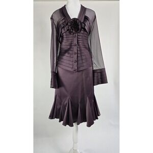 Plum Purple Satin 2 Piece Skirt Suit Set Mesh Sleeves Floral Rosette Detail